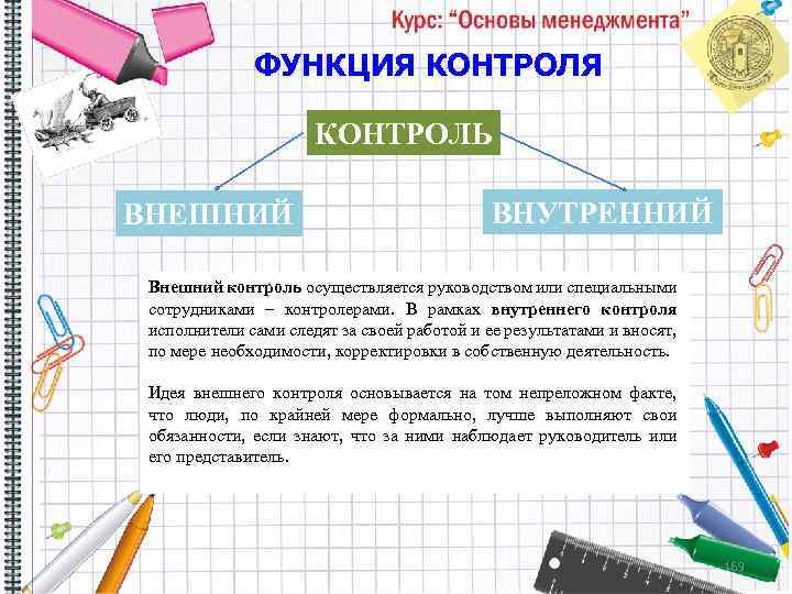 ФУНКЦИЯ КОНТРОЛЬ ВНЕШНИЙ ВНУТРЕННИЙ Внешний контроль осуществляется руководством или специальными сотрудниками – контролерами. В