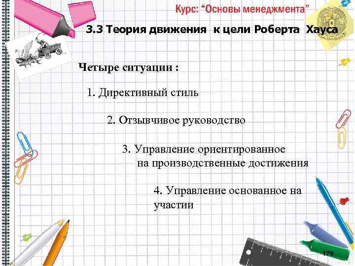 3. 3 Теория движения к цели Роберта Хауса Четыре ситуации : 1. Директивный стиль