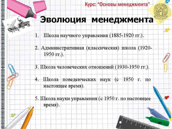 Эволюция менеджмента 1. Школа научного управления (1885 1920 гг. ). 2. Административная (классическая) школа