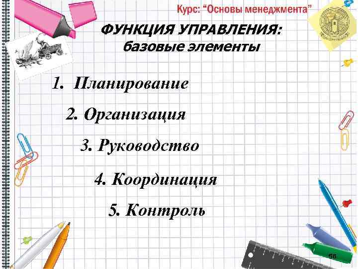 ФУНКЦИЯ УПРАВЛЕНИЯ: базовые элементы 1. Планирование 2. Организация 3. Руководство 4. Координация 5. Контроль