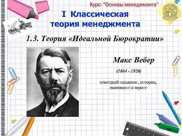 I Классическая теория менеджмента 1. 3. Теория «Идеальной Бюрократии» Макс Вебер (1864 - 1920)