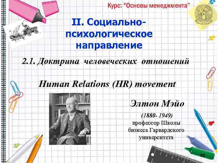 II. Социальнопсихологическое направление 2. 1. Доктрина человеческих отношений Human Relations (HR) movement Элтон Мэйо