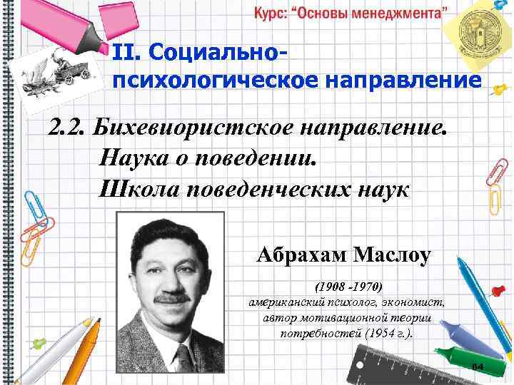 II. Социальнопсихологическое направление 2. 2. Бихевиористское направление. Наука о поведении. Школа поведенческих наук Абрахам