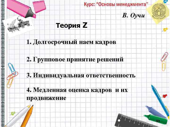 В. Оучи Теория Z 1. Долгосрочный наем кадров 2. Групповое принятие решений 3. Индивидуальная