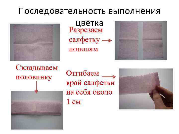 Последовательность выполнения цветка Разрезаем салфетку пополам Складываем половинку Отгибаем край салфетки на себя около