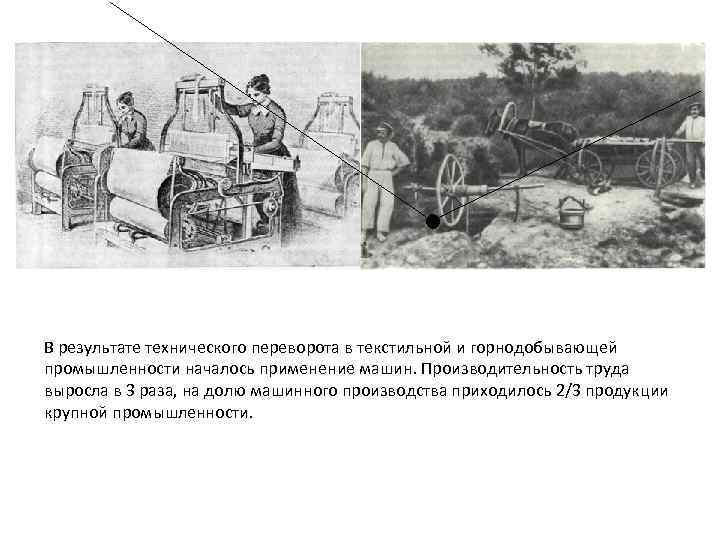В результате технического переворота в текстильной и горнодобывающей промышленности началось применение машин. Производительность труда