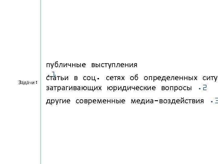 Задачи: публичные выступления. 1 статьи в соц. сетях об определенных ситуа затрагивающих юридические вопросы.