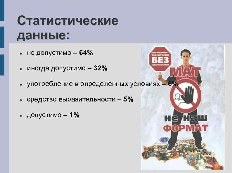 Статистические данные: не допустимо – 64% иногда допустимо – 32% употребление в определенных условиях