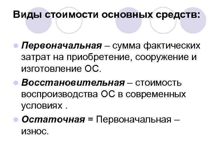 Виды стоимости основных средств: l Первоначальная – сумма фактических затрат на приобретение, сооружение и