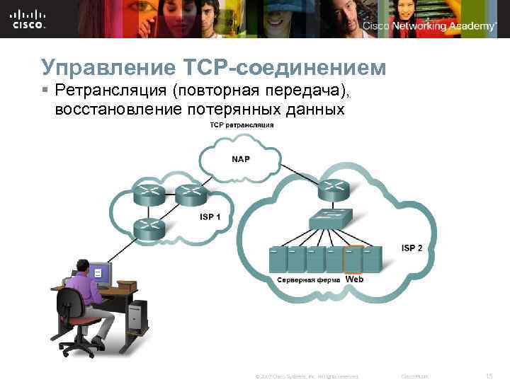 Управление TCP-соединением § Ретрансляция (повторная передача), восстановление потерянных данных © 2007 Cisco Systems, Inc.