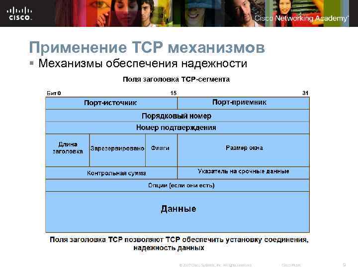Применение TCP механизмов § Механизмы обеспечения надежности © 2007 Cisco Systems, Inc. All rights
