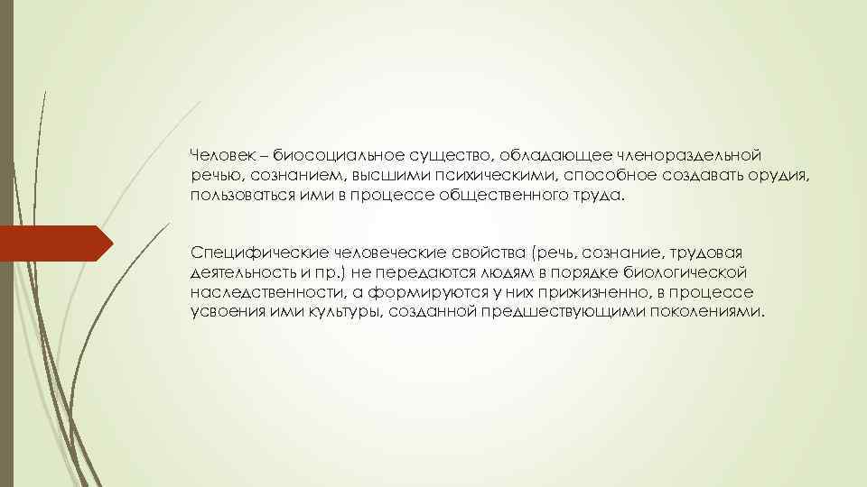 Человек – биосоциальное существо, обладающее членораздельной речью, сознанием, высшими психическими, способное создавать орудия, пользоваться