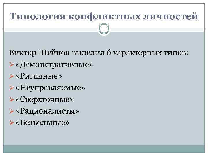 Типология конфликтных личностей Виктор Шейнов выделил 6 характерных типов: Ø «Демонстративные» Ø «Ригидные» Ø