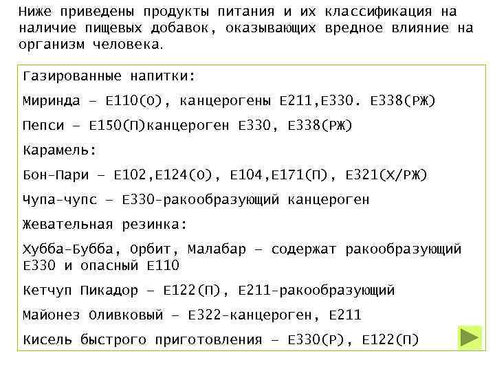 Ниже приведены продукты питания и их классификация на наличие пищевых добавок, оказывающих вредное влияние