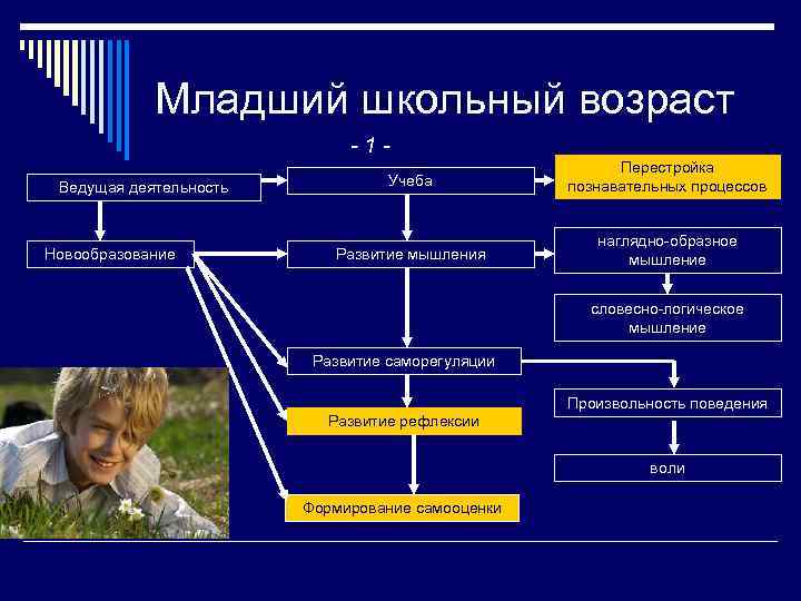 Младший школьный возраст -1 Ведущая деятельность Новообразование Учеба Перестройка познавательных процессов Развитие мышления наглядно-образное