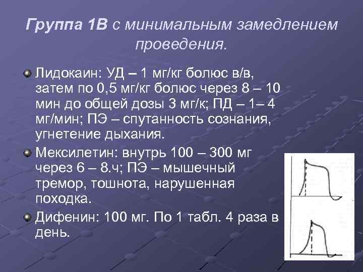 Группа 1 В с минимальным замедлением проведения. Лидокаин: УД – 1 мг/кг болюс в/в,