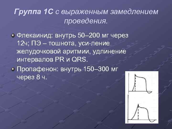 Группа 1 С с выраженным замедлением проведения. Флекаинид: внутрь 50– 200 мг через 12