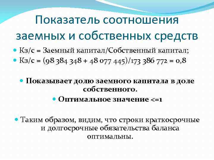 Показатель соотношения заемных и собственных средств Кз/с = Заемный капитал/Собственный капитал; Кз/с = (98