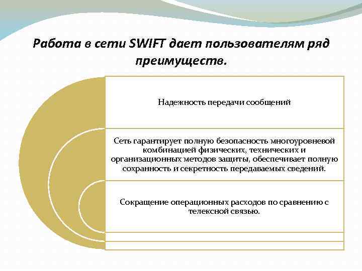 Работа в сети SWIFT дает пользователям ряд преимуществ. Надежность передачи сообщений Сеть гарантирует полную