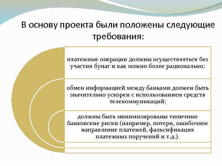 В основу проекта были положены следующие требования: платежные операции должны осуществляться без участия бумаг