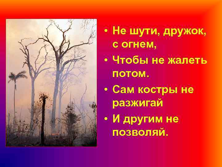  • Не шути, дружок, с огнем, • Чтобы не жалеть потом. • Сам