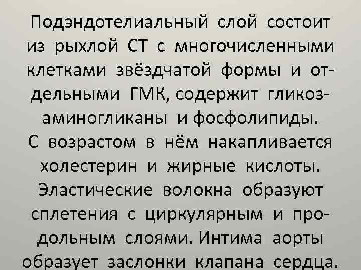 Подэндотелиальный слой состоит из рыхлой СТ с многочисленными клетками звёздчатой формы и отдельными ГМК,