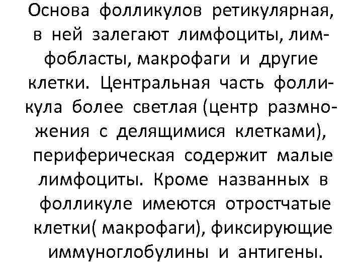 Основа фолликулов ретикулярная, в ней залегают лимфоциты, лимфобласты, макрофаги и другие клетки. Центральная часть