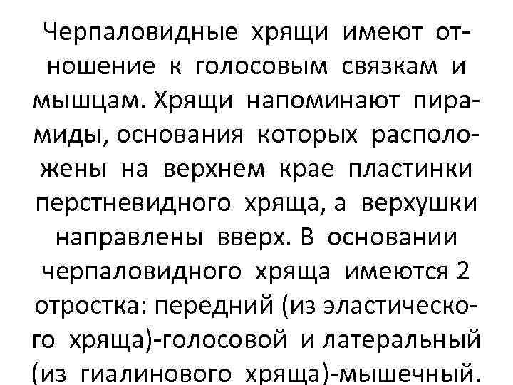Черпаловидные хрящи имеют отношение к голосовым связкам и мышцам. Хрящи напоминают пирамиды, основания которых
