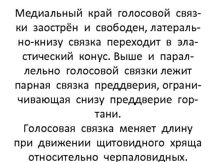 Медиальный край голосовой связки заострён и свободен, латерально-книзу связка переходит в эластический конус. Выше