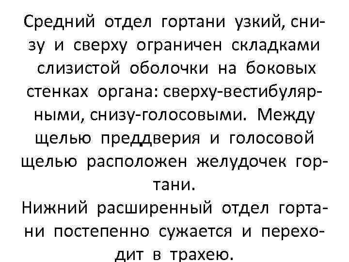 Средний отдел гортани узкий, снизу и сверху ограничен складками слизистой оболочки на боковых стенках