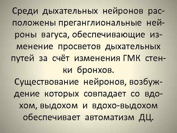 Среди дыхательных нейронов расположены преганглиональные нейроны вагуса, обеспечивающие изменение просветов дыхательных путей за счёт