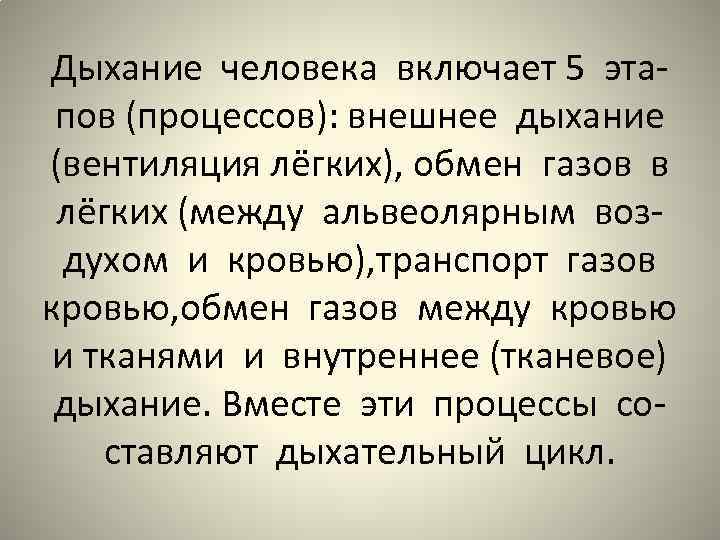 Дыхание человека включает 5 этапов (процессов): внешнее дыхание (вентиляция лёгких), обмен газов в лёгких