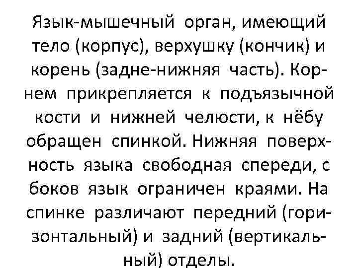 Язык-мышечный орган, имеющий тело (корпус), верхушку (кончик) и корень (задне-нижняя часть). Корнем прикрепляется к