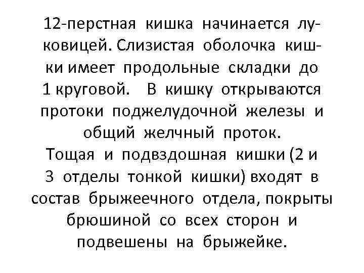 12 -перстная кишка начинается луковицей. Слизистая оболочка кишки имеет продольные складки до 1 круговой.