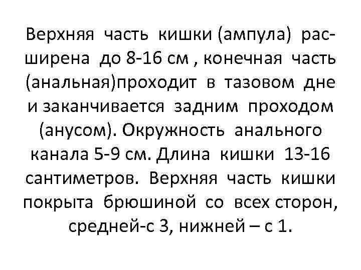 Верхняя часть кишки (ампула) расширена до 8 -16 см , конечная часть (анальная)проходит в