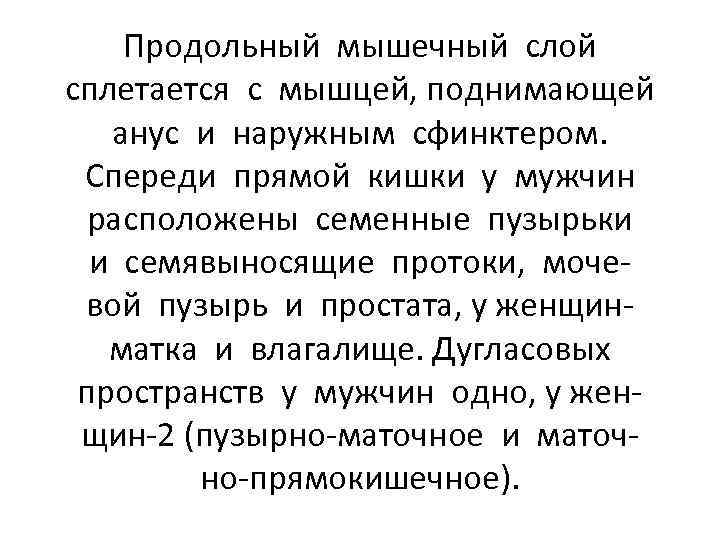 Продольный мышечный слой сплетается с мышцей, поднимающей анус и наружным сфинктером. Спереди прямой кишки