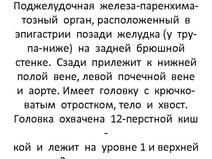 Поджелудочная железа-паренхиматозный орган, расположенный в эпигастрии позади желудка (у трупа-ниже) на задней брюшной стенке.