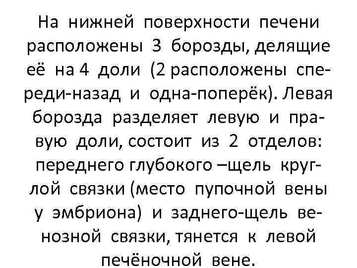 На нижней поверхности печени расположены 3 борозды, делящие её на 4 доли (2 расположены