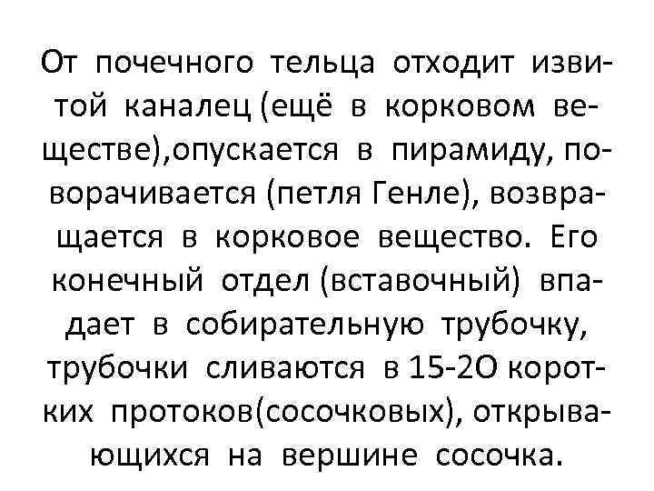 От почечного тельца отходит извитой каналец (ещё в корковом веществе), опускается в пирамиду, поворачивается