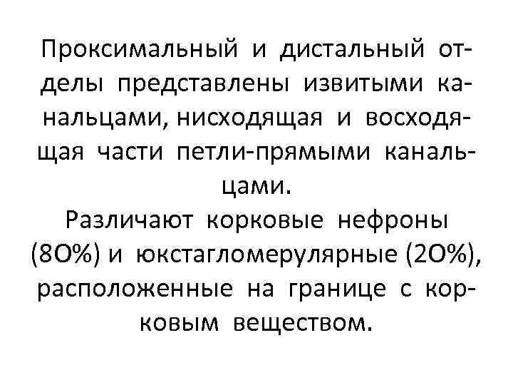 Проксимальный и дистальный отделы представлены извитыми канальцами, нисходящая и восходящая части петли-прямыми канальцами. Различают