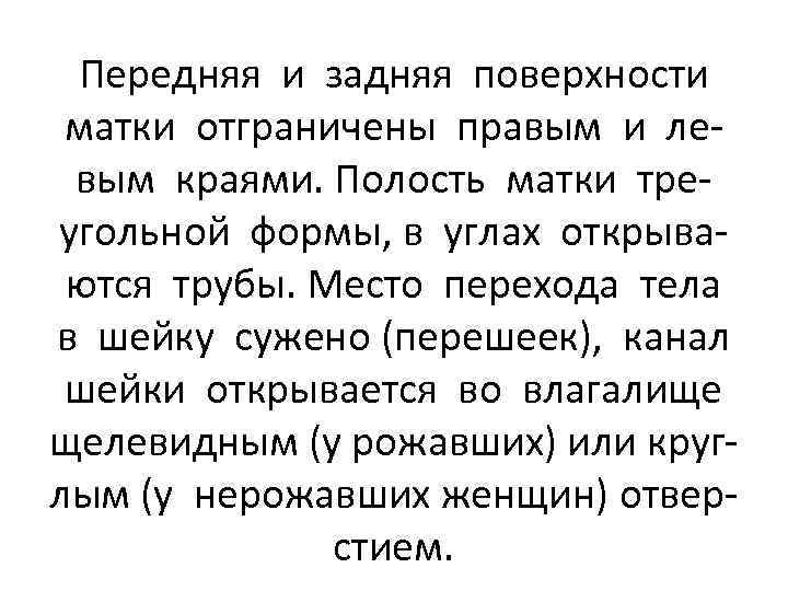 Передняя и задняя поверхности матки отграничены правым и левым краями. Полость матки треугольной формы,