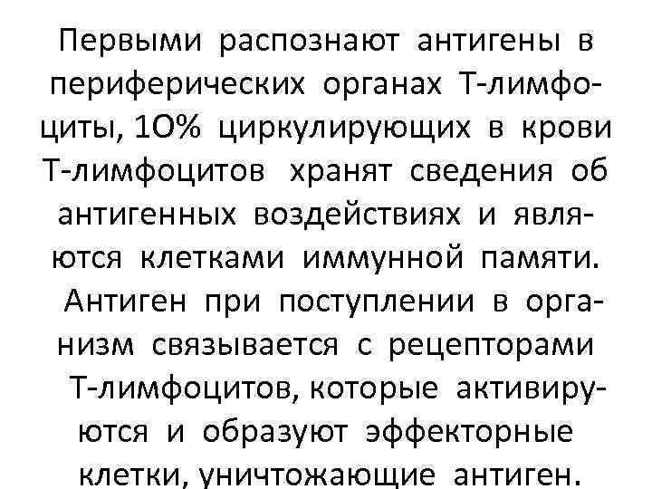 Первыми распознают антигены в периферических органах Т-лимфоциты, 1 О% циркулирующих в крови Т-лимфоцитов хранят