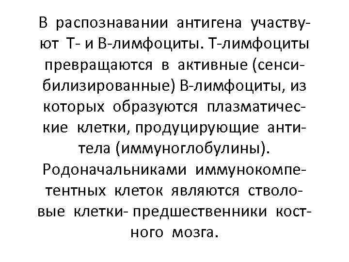 В распознавании антигена участвуют Т- и В-лимфоциты. Т-лимфоциты превращаются в активные (сенсибилизированные) В-лимфоциты, из
