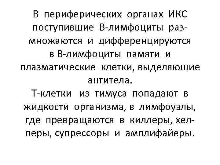 В периферических органах ИКС поступившие В-лимфоциты размножаются и дифференцируются в В-лимфоциты памяти и плазматические