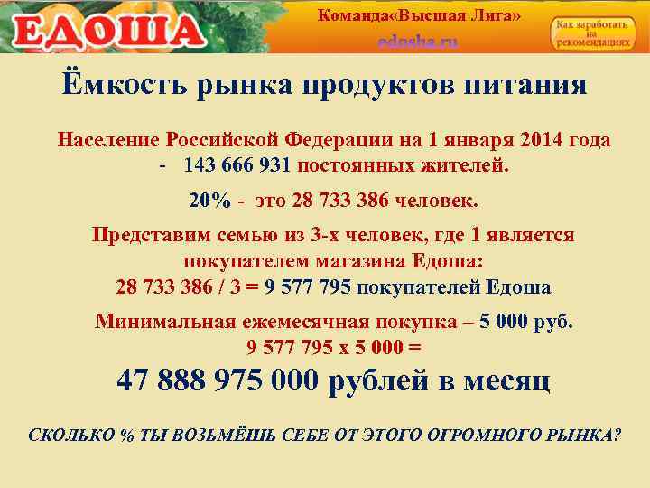 Команда «Высшая Лига» Ёмкость рынка продуктов питания Население Российской Федерации на 1 января 2014