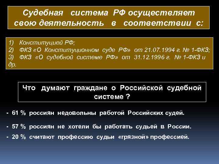 Судебная система РФ осуществляет свою деятельность в соответствии с: 1) Конституцией РФ; 2) ФКЗ