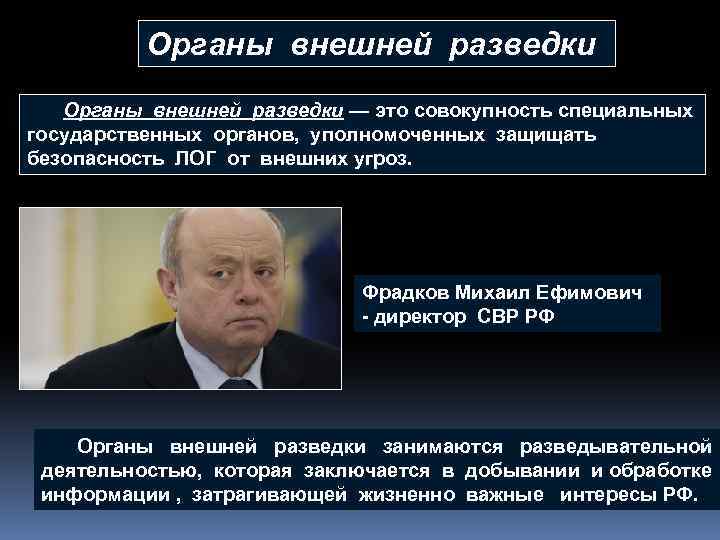 Органы внешней разведки — это совокупность специальных государственных органов, уполномоченных защищать безопасность ЛОГ от