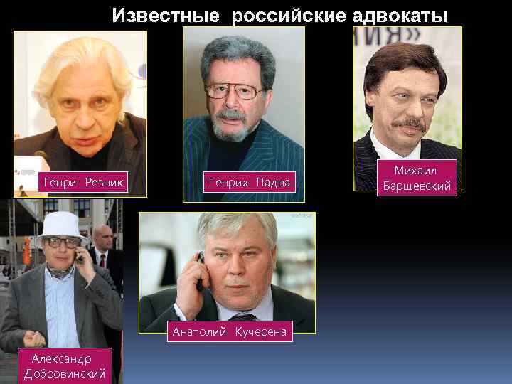 Известные российские адвокаты Генри Резник Генрих Падва Анатолий Кучерена Александр Добровинский Михаил Барщевский 