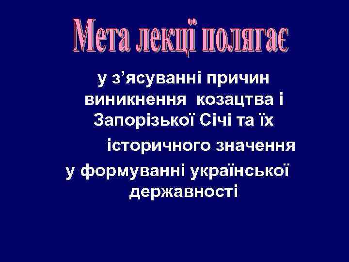 у з’ясуванні причин виникнення козацтва і Запорізької Січі та їх історичного значення у формуванні