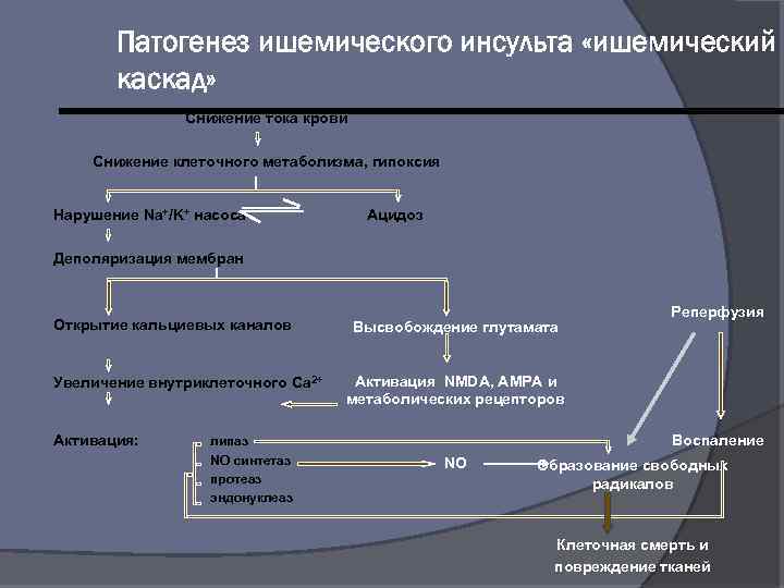 Патогенез ишемического инсульта «ишемический каскад» Снижение тока крови Снижение клеточного метаболизма, гипоксия Нарушение Na+/K+